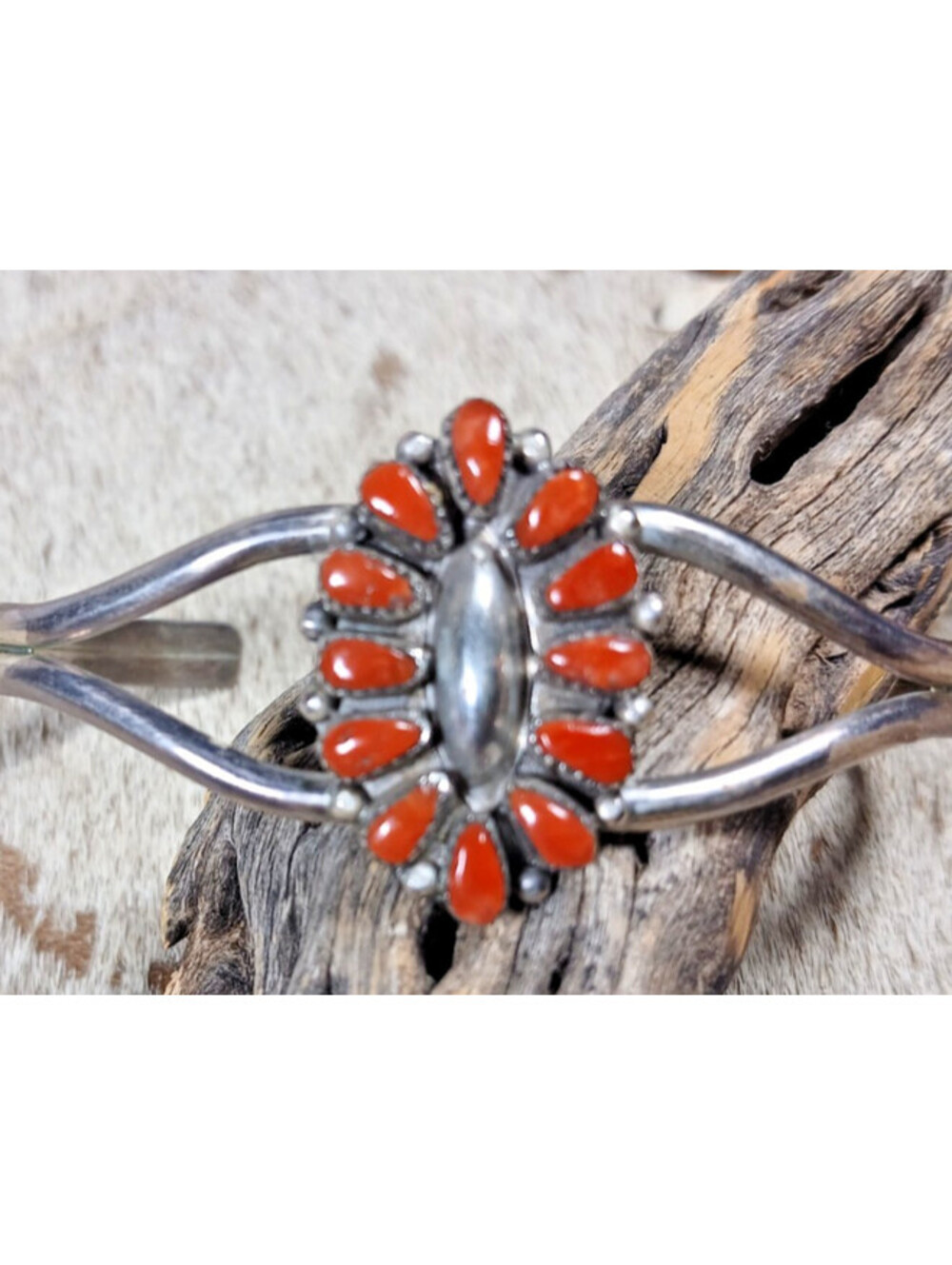 Zuni Coral Sterling Silver Petit Point Cuff Bracelet by MFC Maryann Felix Chavez